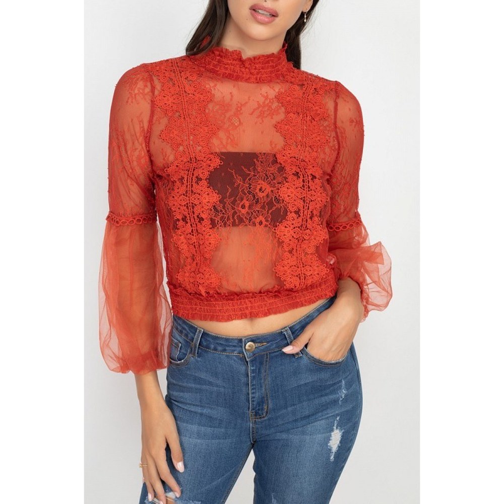 Lace Trim Balloon Sleeve Smocked Top - Picture 4 of 8